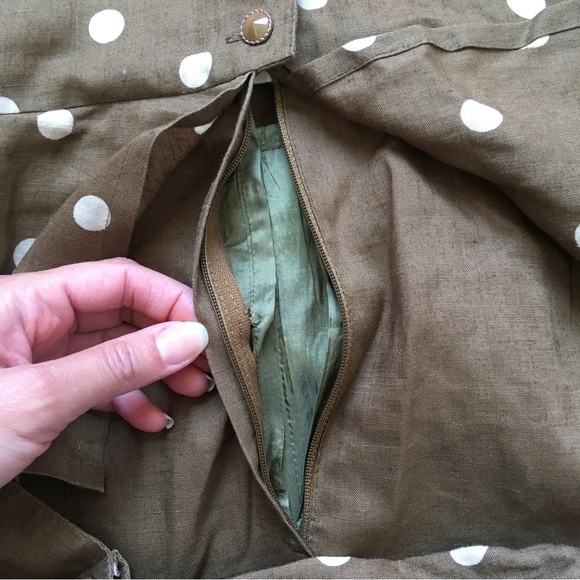 Vintage olive green polka dot belt secretary dress M Flawed - Picture 6 of 10